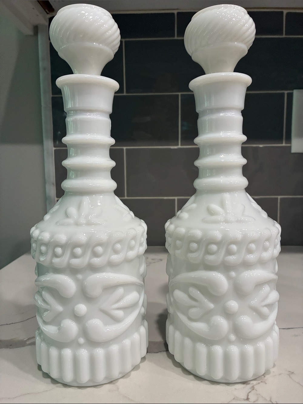 Vintage 1969 Jim Beam Milk Glass Decanters -2- w stoppers